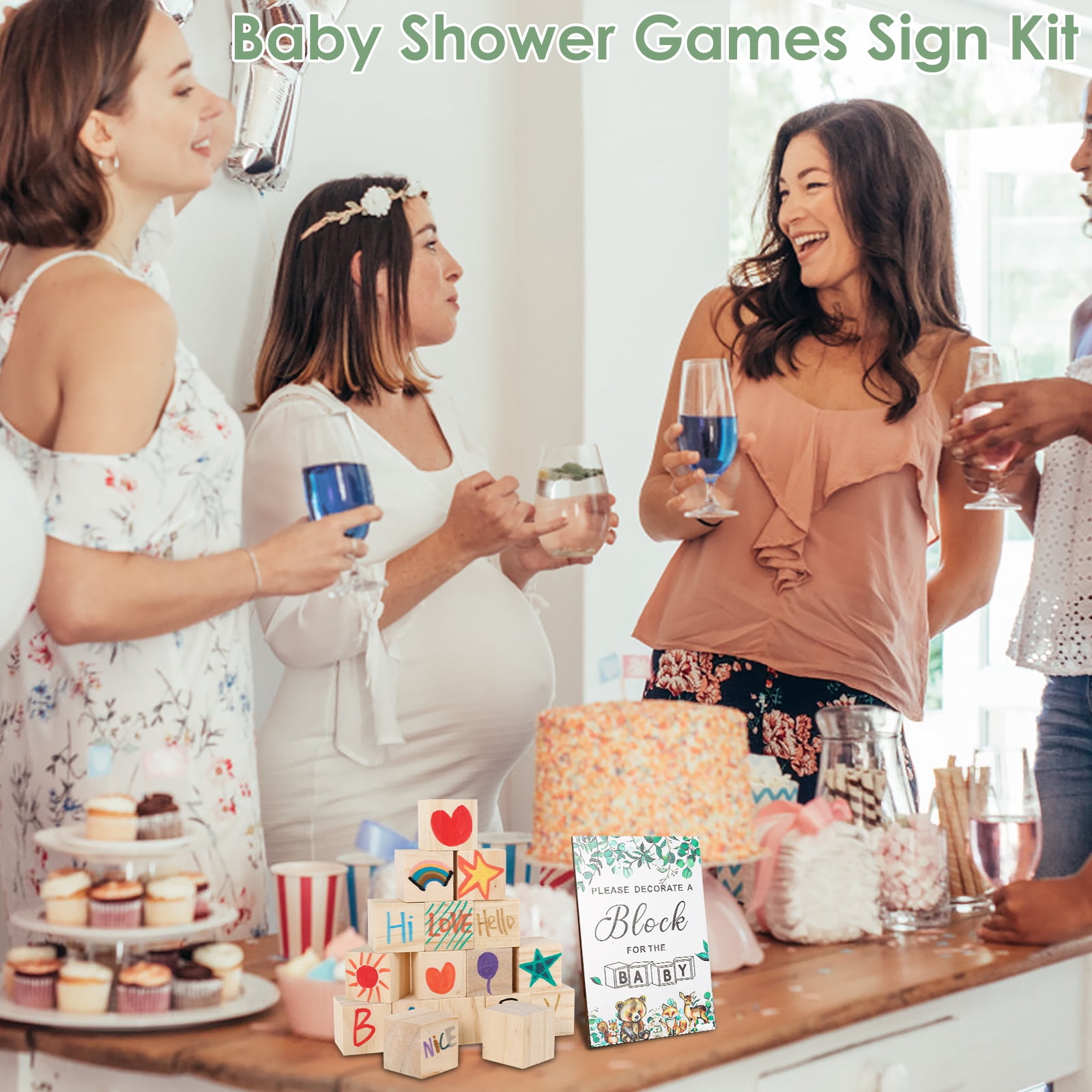 104Pcs Baby Shower Block Game Set Funny Baby Shower Games Sign Kit with 12 Marker 48 Wood Cube 42 Stencils Wood Sign for Party