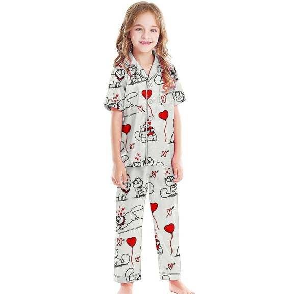 Girls Pajamas 3 Piece Set Satin Button Down Pjs Short Sleeve Top Shorts & Long Pants Bow Valentine's Day Pajama Sets Silky Nightwear 3pcs Sleepwear