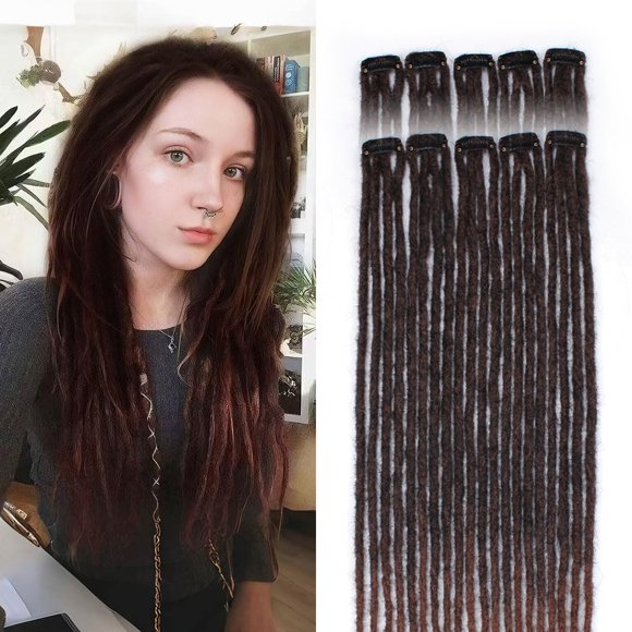 Sangtok 10 PCS Clip in Dreadlock Extensions, 24 inch Synthetic Dreads Extensions, Thin Straight Dreadlock for White Women(1b-30)