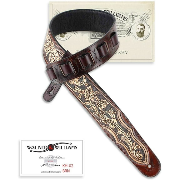 Walnut Brown Carving Leather Padded Guitar Strap With Hand Carved Traditional Western Tooling WW-KH-02-BRN