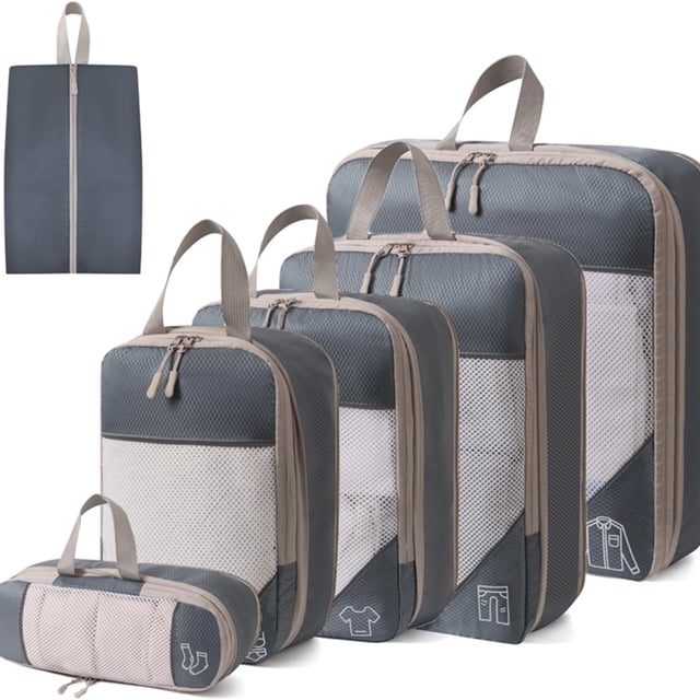 Juego de 6 bolsas organizadoras de viaje con compresión, Organizadores de Viaje para Equipaje con Doble Cierre, Ahorra Espacio, Impermeable Organizador de Maleta, para Ropa, Equipaje (Gris)