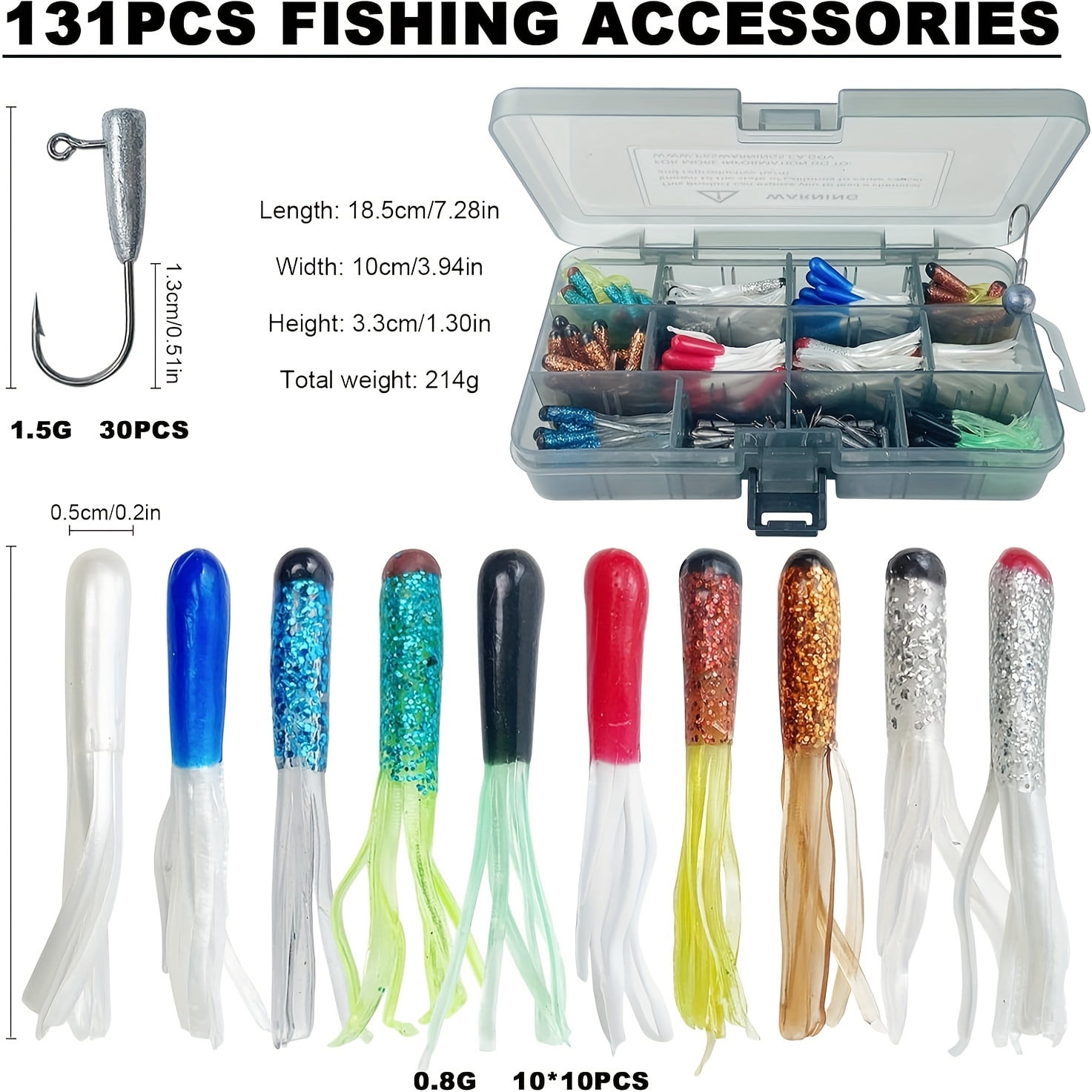 131-Piece Tube Jig Head Kit, Pre-Rigged Swimbaits Soft Plastic Tube Lures, Mixed Color Crappie Bass Fishing Hooks, Saltwater Freshwater PC Construction Tackle Set, Lead Compliant