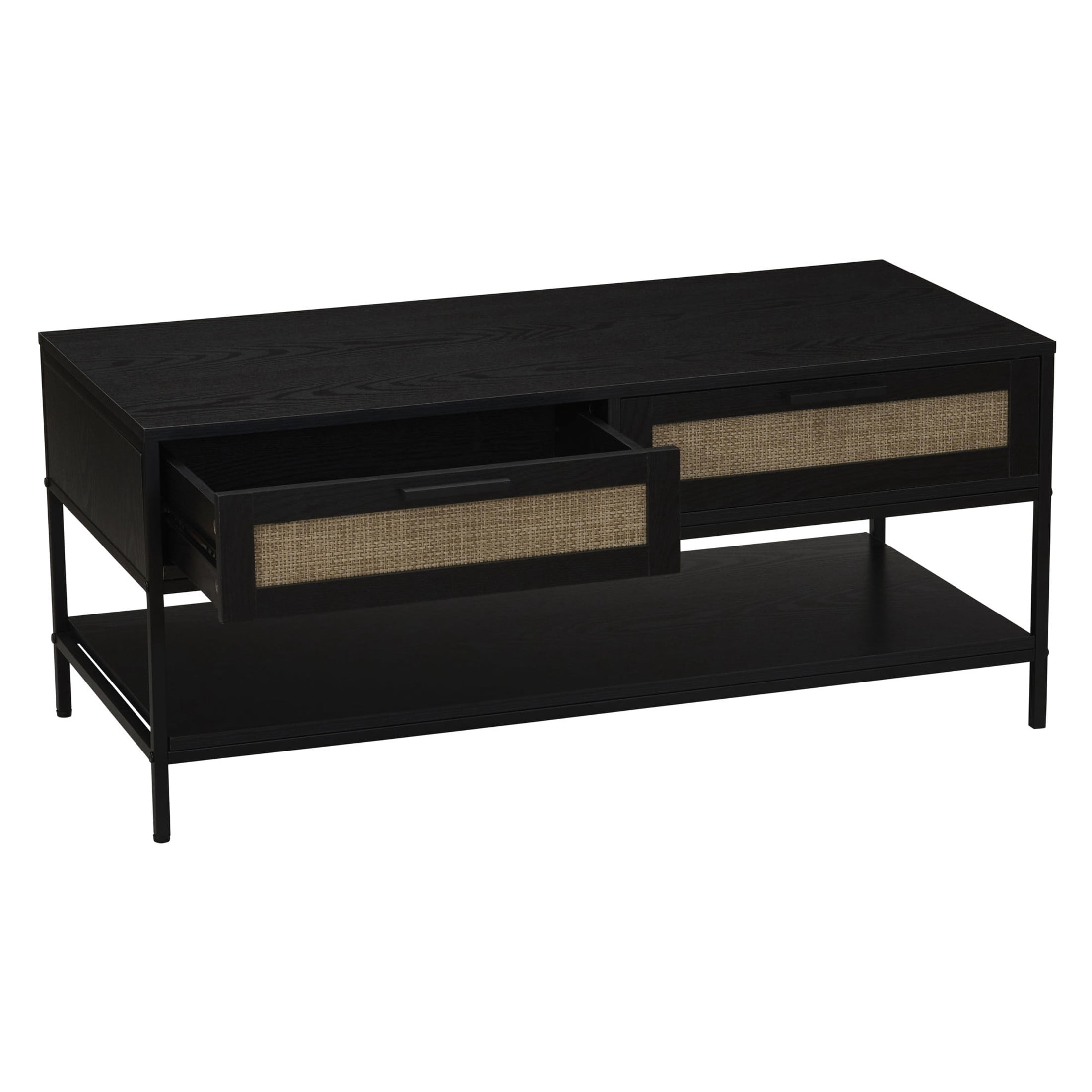 Household Essentials Bungalow Rectangular Coffee Table with Storage Shelf and 2 Drawers Black Oak Wood Grain Woven Front and Black Metal