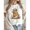 thumbnail image 1 of Women'S Cute Capybara Graphic Tee - Short Sleeve, Crew Neck, Breathable Cotton, Casual Spring/Summer/Fall Top with Floral Design, Capybara T Shirt, 1 of 5