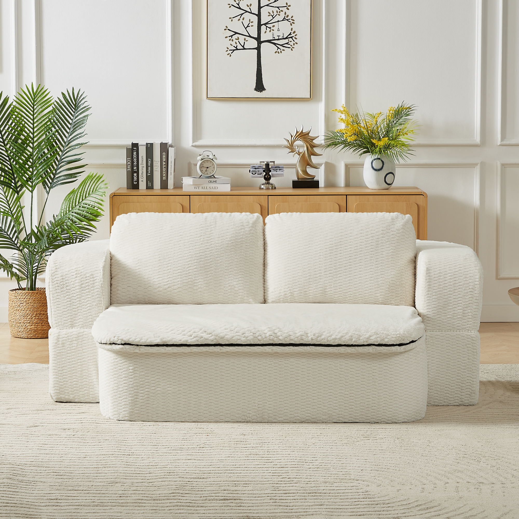 Leumius Convertible Sofa Bed,Sleeper Sofa with Folding Bed,2 Seater Cloud Couch with Memory Foam and Blanket for Living Room Bedroom Apartment,No Assembly Required,Cream