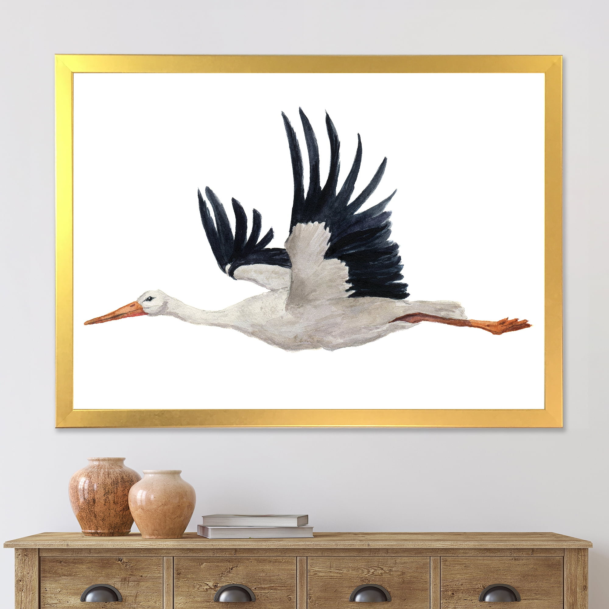 Designart 'White Stork Ciconia Flying Bird ' Traditional Framed Art Print