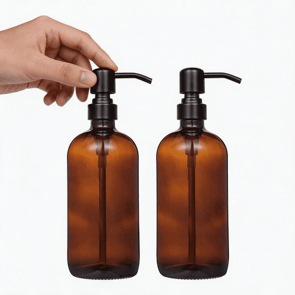 Xlhshop 2 Pack 16oz Amber Glass Soap Dispenser with Matte Black Stainless Steel Pump, Refillable Boston Round Bottles for Lotion and Essential Oil