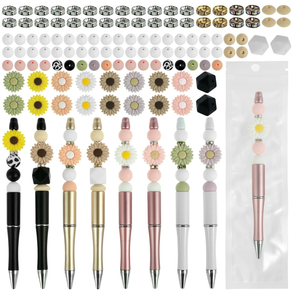 140PCS Beadable Pens Kit Daisy Themed DIY Beaded Pens Multicolor Beads Assorted Bead Pens Black Ink Bead Pens Set Replaceable