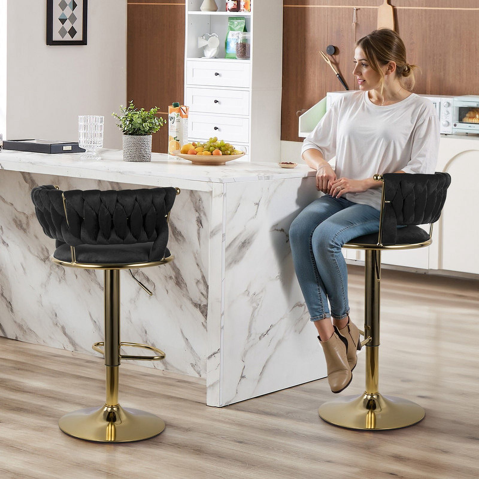 Hawsaiy Modern Velvet Bar Stool Set of 2 with Woven Back and Footrest for Kitchen, Bar, and Dining Spaces,Black