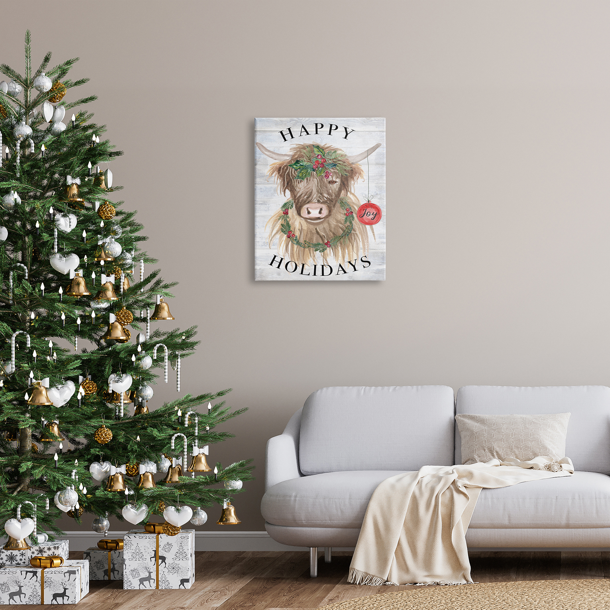Stupell Industries Farmhouse Holiday Cow Holiday Painting Gallery Wrapped Canvas Print Wall Art, 24 x 30