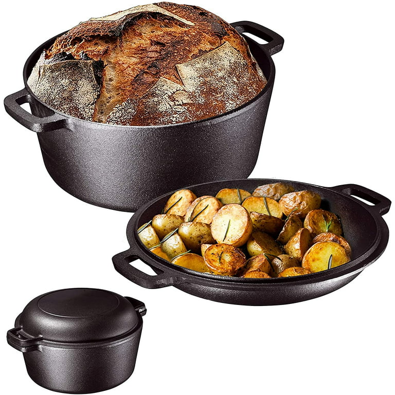 Heavy Duty Pre-Seasoned 2 in 1 Cast Iron Double Dutch Oven and Domed Skillet Lid