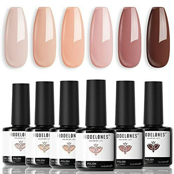 Modelones Gel Nail Polish Kit - 6 Colors Fall Winter Popular Nude Pink Gel Nail Polish Set Skin Tones Neutral Brown Gel Nail Polish Kit Soak Off LED Gel Nail Kit Manicure DIY Salon Home Gift for Girls