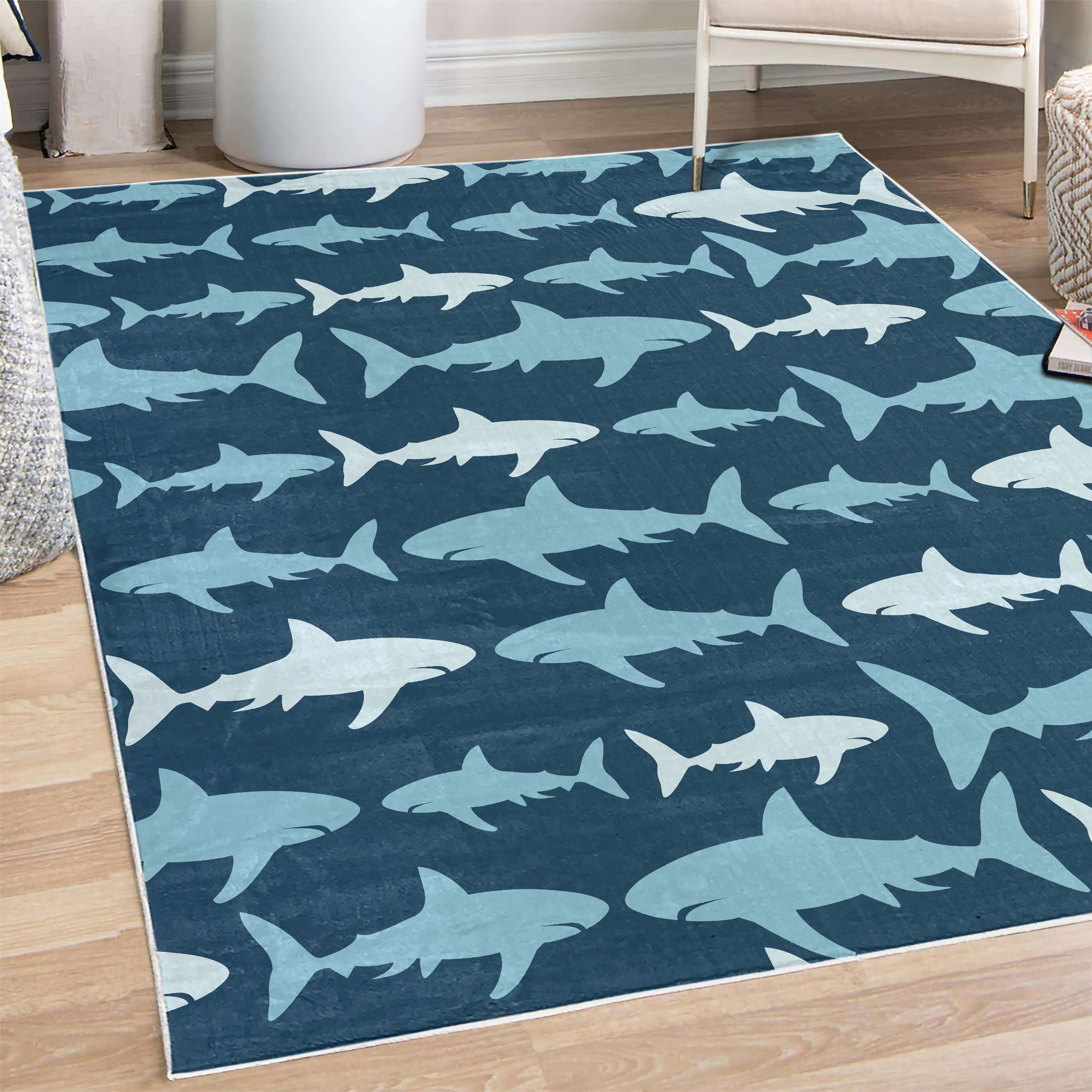 Aquatic Rug Sea Animals Decorative Rug, Monochrome Shark Illustration Fashion ...