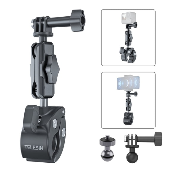 Bike Handlebar Seatpost Clamp Mount for GoPro Hero 12/11/10/9 – 360° Adjustable Ball Head, Aluminum Alloy, Anti-Slip Grip, Compatible with Action Cameras & Smartphones