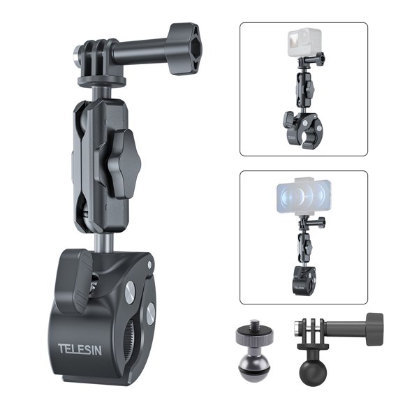 Bike Handlebar Seatpost Clamp Mount for GoPro Hero 12/11/10/9 – 360° Adjustable Ball Head, Aluminum Alloy, Anti-Slip Grip, Compatible with Action Cameras & Smartphones
