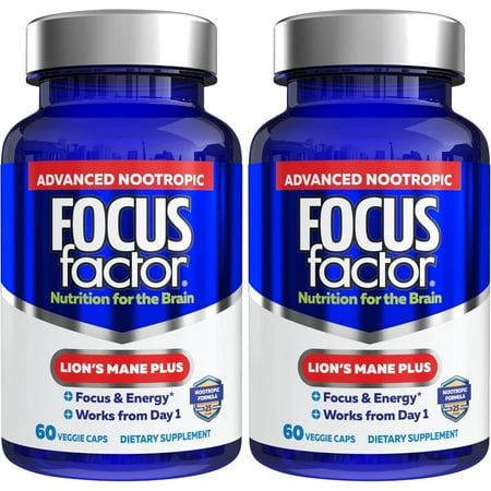 (2 pack) Focus Factor Lions Mane Plus Advanced Nootropic with L-Theanine Caffeine Focus and Energy (60 Count)