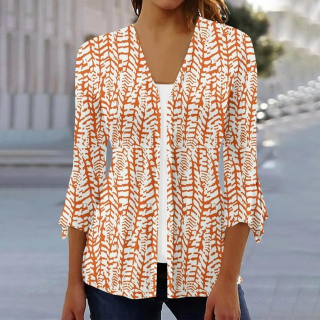 Jsaierl Cardigans Légers pour Femmes Cardigan à Manches 3/4 Ouvert à l'Avant Imprimé Haut d'Automne Confortable Duster Kimono Cardigans 2024