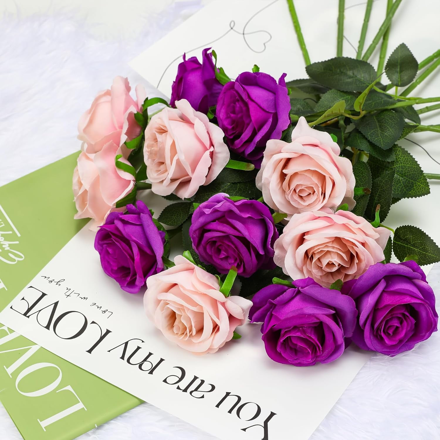 Purple Fake Roses Artificial Flowers - Fake Artificial Roses Silk Flowers with Stems for Home Wedding Hotel Office Centerpiece Decor