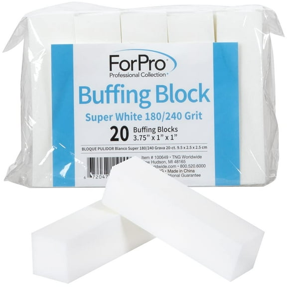 ForPro Buffing Block, Super White, 180/240 Grit, Four-Sided Manicure and Pedicure Nail Buffer, 3.75” L x 1” W x 1” H, 20-Count