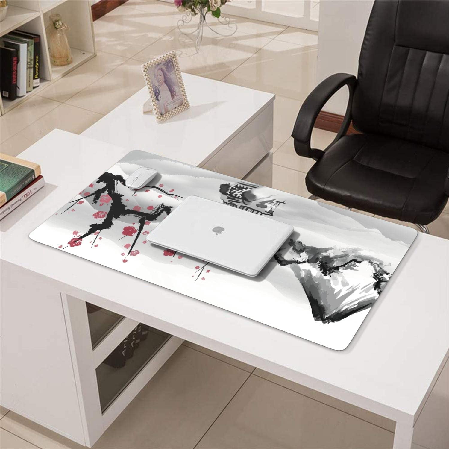 Cherry Blossom Mouse Pad (31.5x15.7 in) White Extended Gaming Mouse Pad Large Japanese Non-Slip Rubber Base Desk Protector with Stitched Edges Sakura Full Desk Mousepad XXL