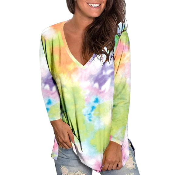 BJUTIR Long Sleeve T Shirts For Women Casual Loose T Shirt V Neck Colorful Tie Dye Printed Long Sleeve Printed T Shirt Top