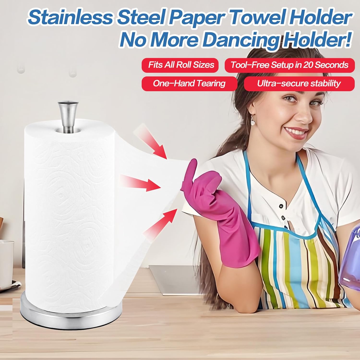 Paper Towel Holder Countertop With Suction Cups - Heavy Duty (2.9 Lbs) Stainless Steel Dispenser  One-hand Tear For Kitchen Fits Standard & Mega Rolls