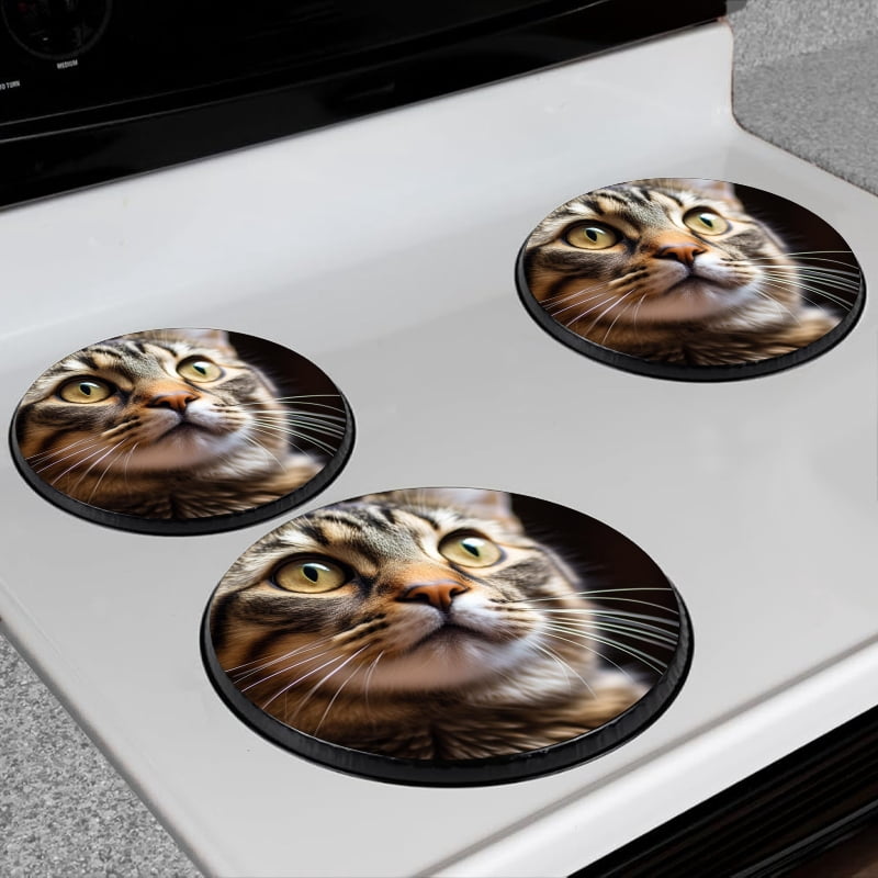 BaHomeck Electric Stove Burner Covers Set of 4,Round Metal Gas Stove Burner Covers 8 Inch and 10 Inch,Kitchen Decor,Shorthair Cat Gazes Upward Towards The Sky