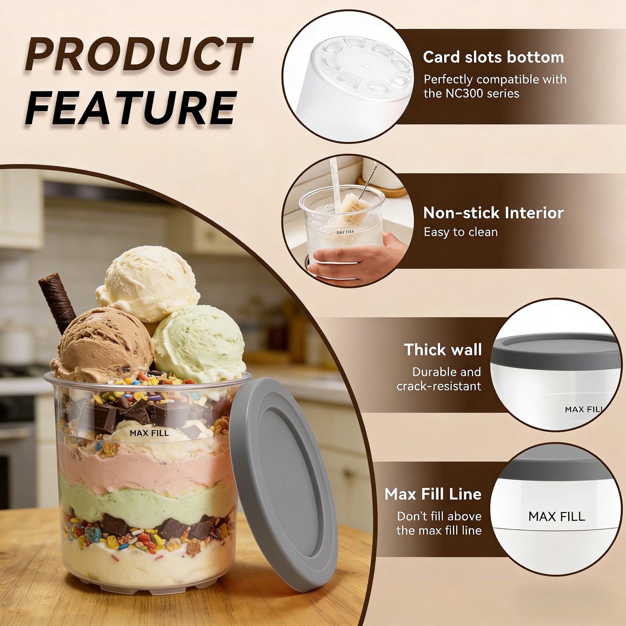 Ninja Creami Pints with Lids, Compatible with NC299AMZ & NC300s Series, Dishwasher Safe & BPA-Free Ice Cream Maker Containers Replacement Set