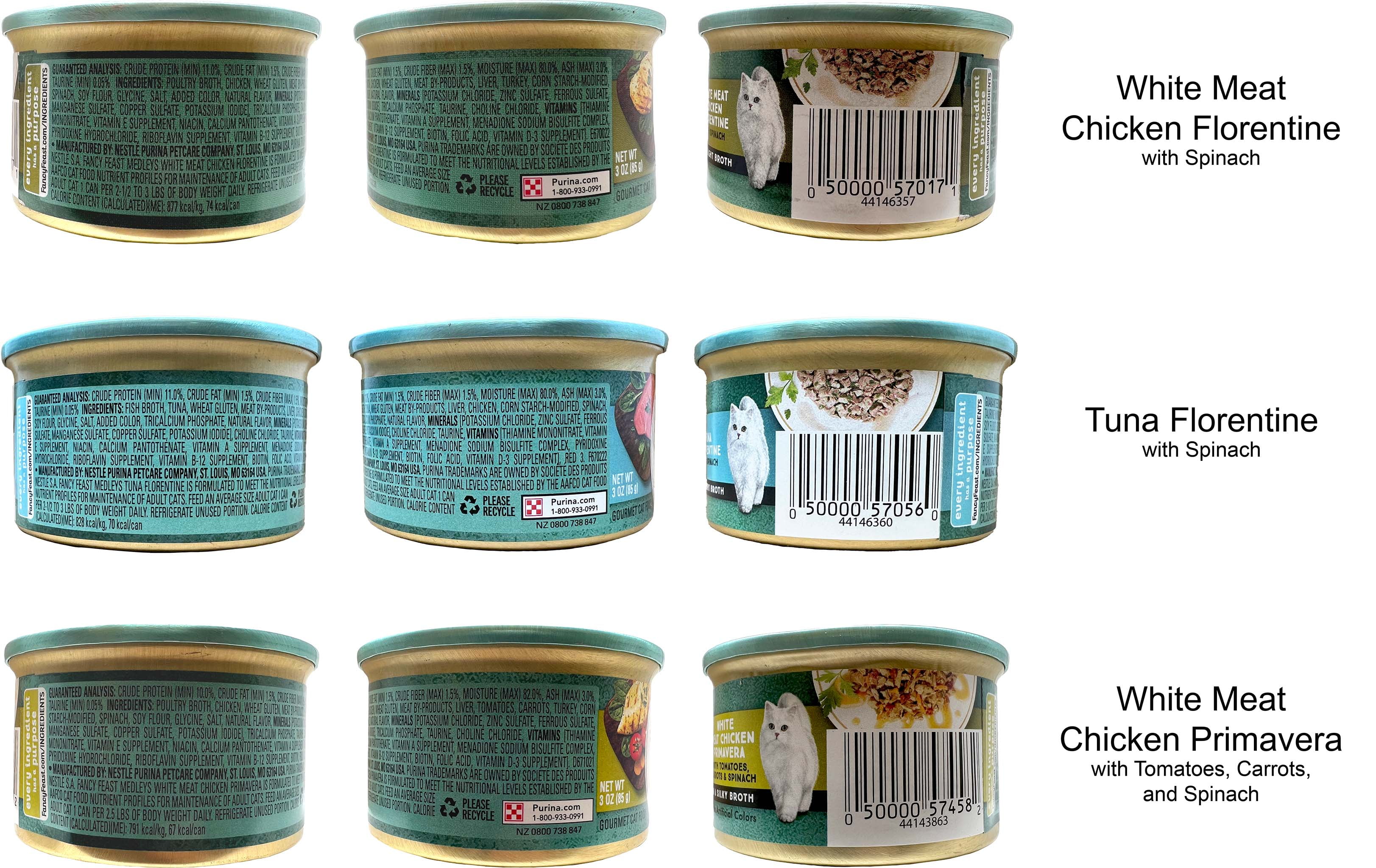 Fancy Feast Gourmet Medleys Wet Adult Cat Food 3-Flavor Sampler - Chicken Florentine, Tuna Florentine & Chicken Primavera, 3 oz (6 Pack) + Catnip Toy & MerlinsMart Zine