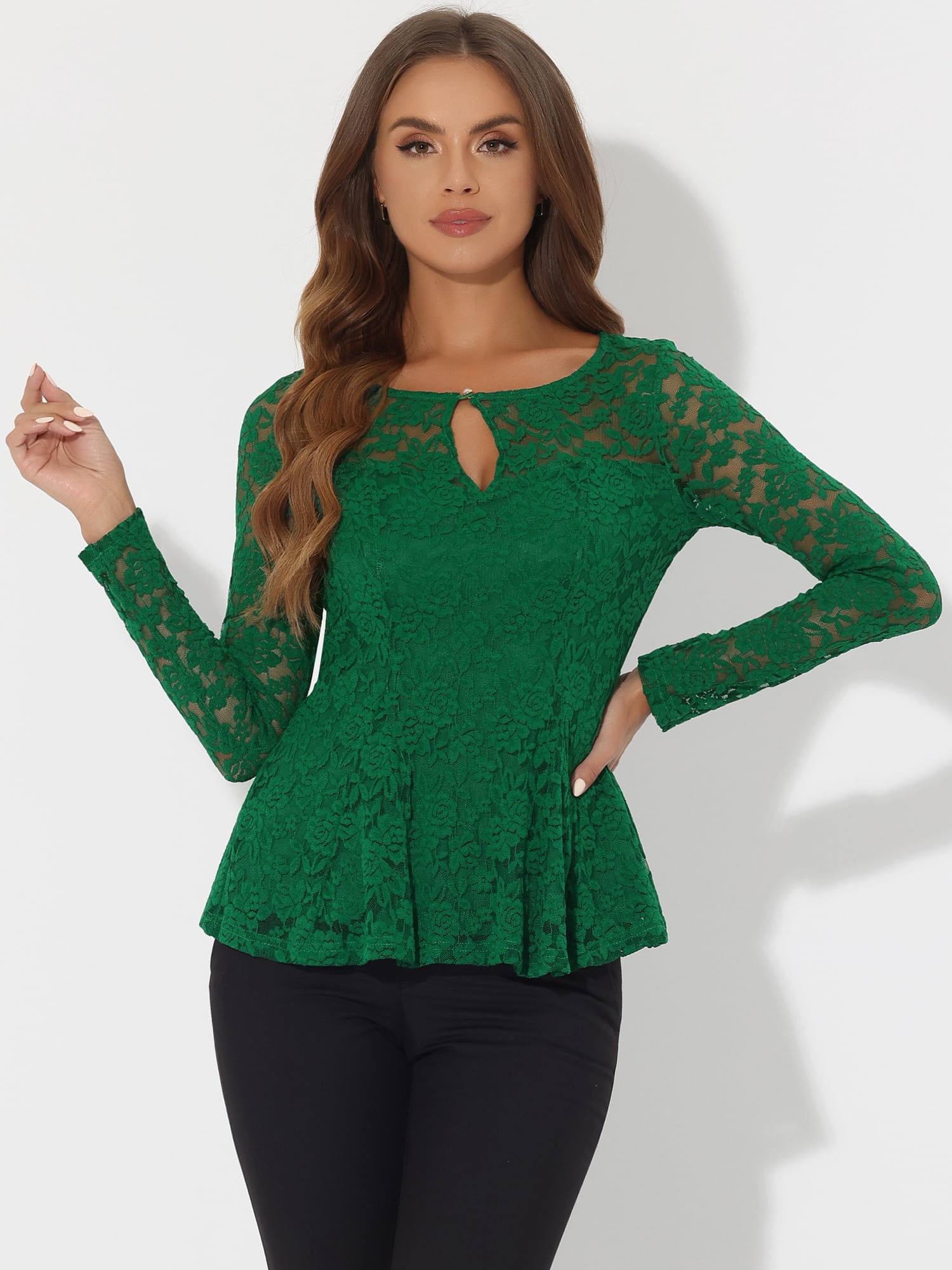 DARING DIVA Lace Peplum Tops Elegant Floral Lace Blouse M Green