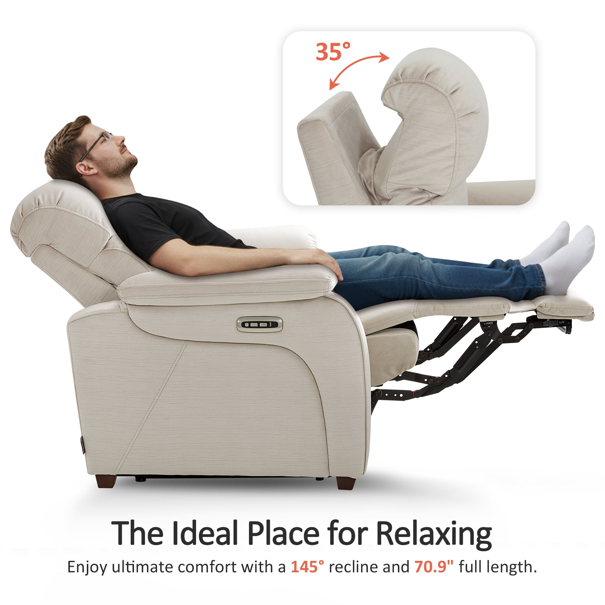MCombo Zero Wall Hugger Power Recliner Loveseat for Living Room, RVs, Small Spaces, Fabric, Beige
