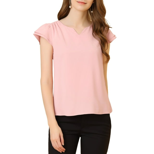 INSPIRE CHIC Women's Solid Blouse V Neck Ruffle Cap Sleeve Lightweight Work Blouse S Light Pink