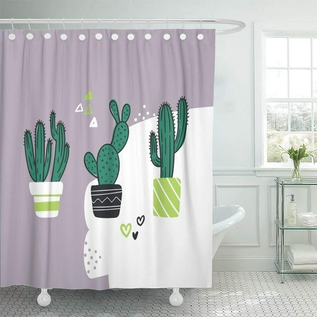 ABPHQTO Botánica verde lindo con estilo de dibujos animados de cactus en colores pastel Colección de macetas Juego de cortinas de ducha de baño impermeables 165x180 cm ABPHQTO PKNMT66x72Shower-11418