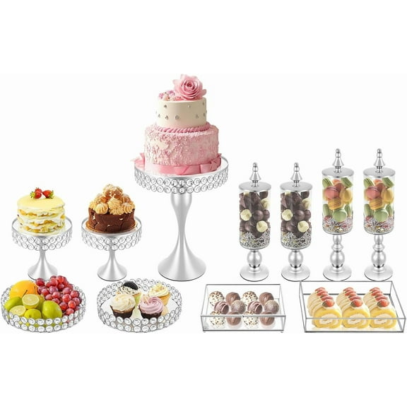 11 PCS Silver Cake Stand Set for Party, Crystal Cake Stand Cupcake Holder Stand Dessert Pastry Candy Display Plate for Birthday Parties, Weddings, Baby Shower