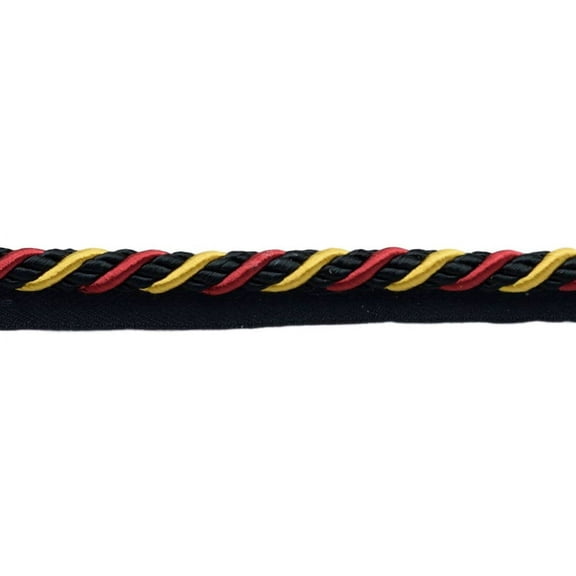 3/8" (1cm) Alexander Collection Decorative Twisted Rope Cord Trim with Lip # 0038AXL,, Golden Raven Black #LX10 (Pure Black, Yellow Gold, Cherry Red) Sold By The Yard (36"/3 ft/0.9m)