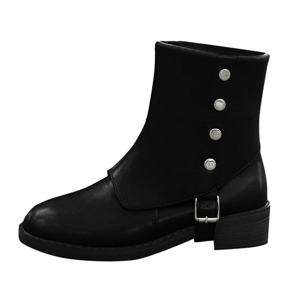 Black Women Boots With Round Toe Metal Detail Chunky Heel Comfortable Walking Shoes For Everyday Use