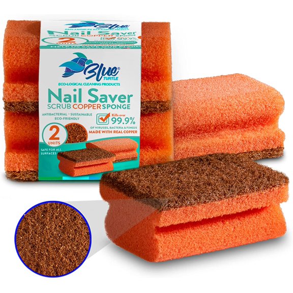 Blue Turtle Sponges for Dishes  2 Pack Copper Nail Saver Kitchen Sponges  Multifunction Scrub Sponge Protects Nails and Fingers  Sponges for Cleaning Remove Tough Stains, Grease, Residue