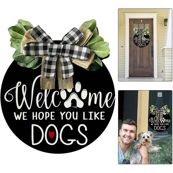 GRNSHTS Welcome Sign for Front Door, Wooden Rustic Front Door Decor, Eucalyptus Wreath Farmhouse Decor, Used for Outdoor Terrace Housewarming New Home Wall Home Decoration (Dogs)