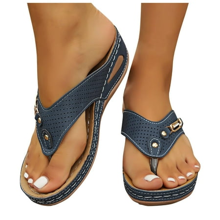 Oyedens Flip Flop Wedge Sandals For Women Leather Casual Beach Arch Support Mid Heels Slip On Thong Orthopedic Sandals