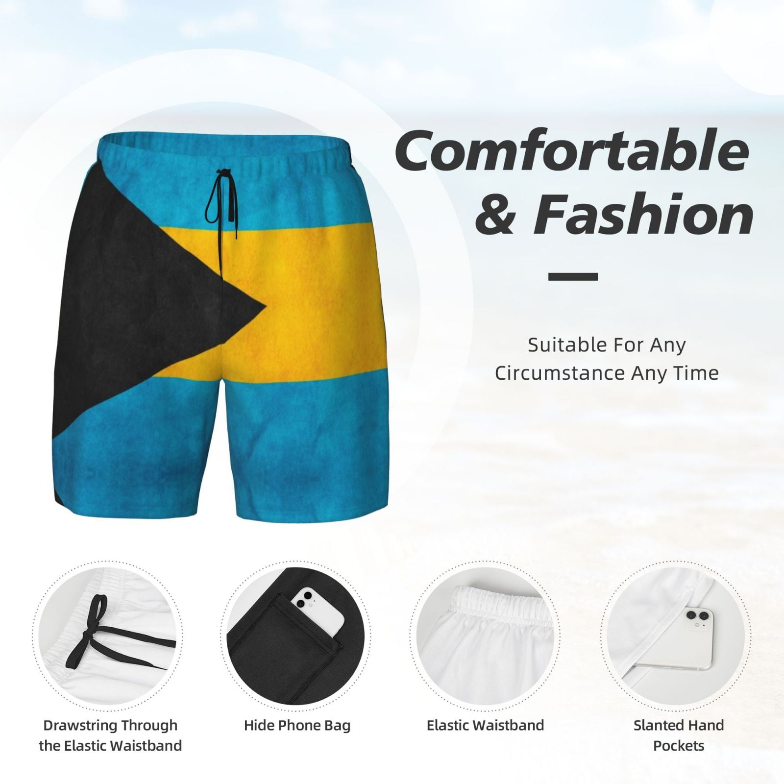 Men's Retro Bahamian Flag Swim Trunks with Compression Liner Bathing Suit Swimwear