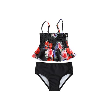 

Little Girls 2PCS Bikini Set Sling Floral Ruffle Hem Pleated Crop Top Striped Panty Swimwear Set