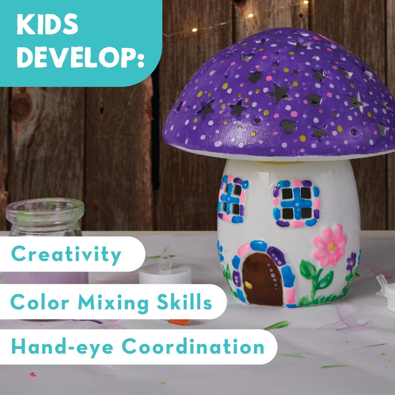 MindWare Paint Your Own Fairy Mushroom House Light, Craft Kit Includes 2 Tea Lights, Paint, Brushes and Instruction Guide