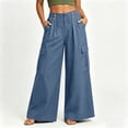 thumbnail image 5 of ZHYou No Boundarie Cotton Linen Cargo Pants for Women Casual Wide Leg Button Drawstring Waisted Loose Fit Pants with Patch Pockets,Blue,Size S, 5 of 8