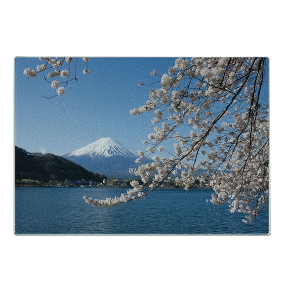 Mountain Cutting Board, Japan Heritage Mountain with Lake and Cherry Blossoms Scenery Photo, Decorative Tempered Glass Cutting and Serving Board, in 3 Sizes, by Ambesonne