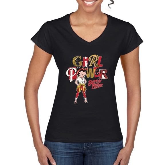 Wild Bobby Betty Boop Winking Girl Power Femenist Betty Boop Women’s Standard V-Neck Tee, Black, Small