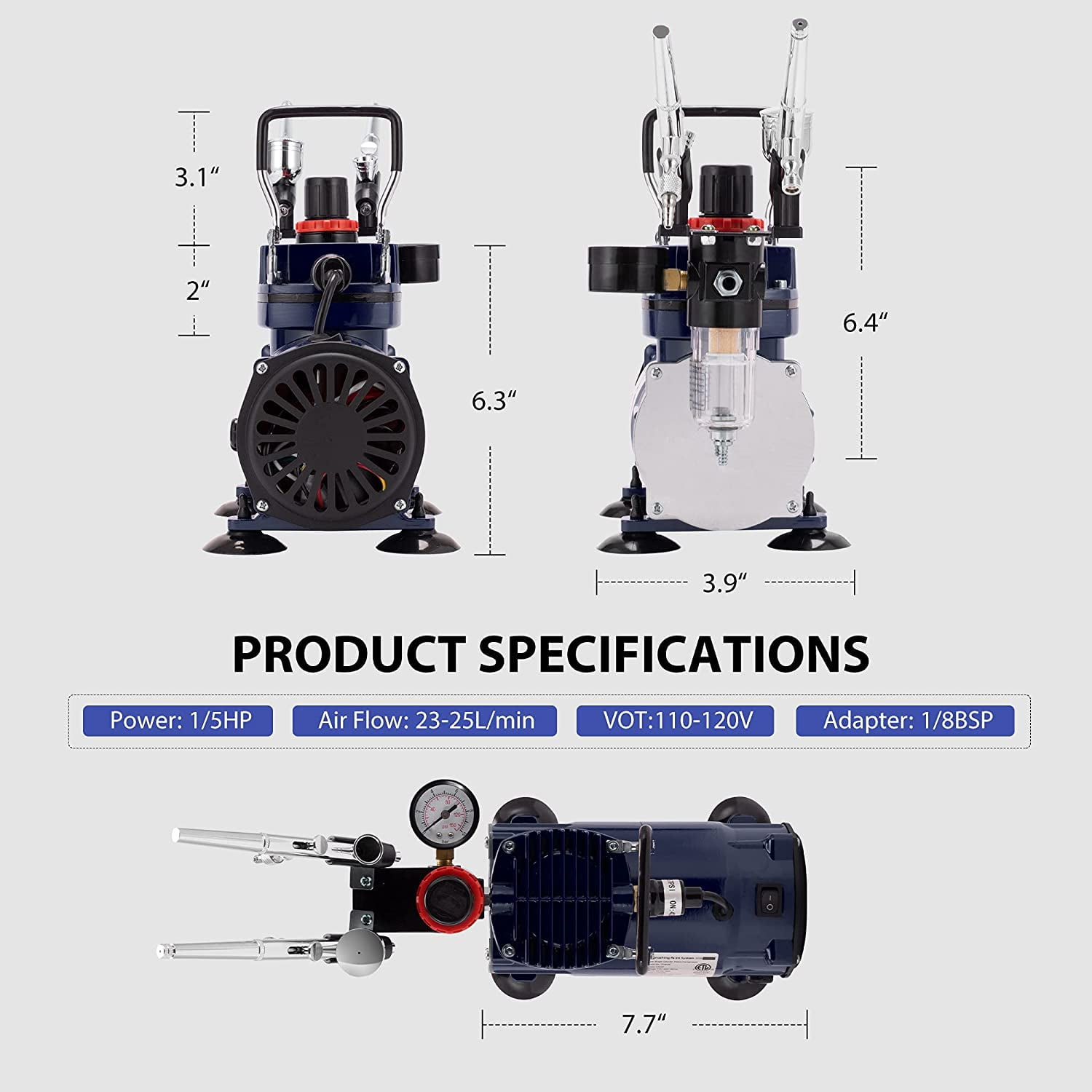 SPECSTAR Airbrush Kit with Professional Air Compressor and 3 Dual Action Airbrush Gun, Gravity and Siphon Feed, Quiet Air Brush Set with Holder, Color Wheel, Cleaning Brush, 2 Cup, Blue