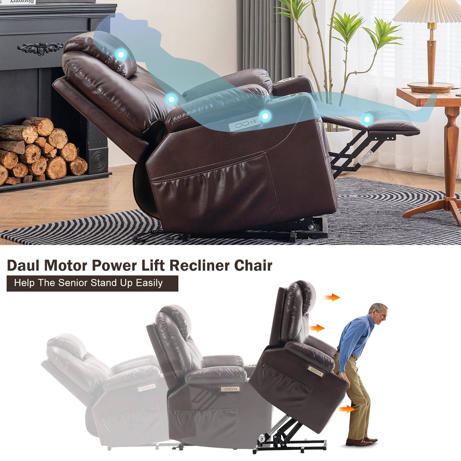 Polar Aurora Living Room Power Lift Massage Recliner Chair for Elderly PU Leather Heated Recliner Ergonomic Lounge Vibratory Massage Function with Cup