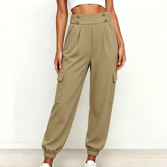 Women High Waist Cargo Jogger Pants Multi Pockets Pleated Loose Casual Cuffed Trousers for Outdoor Work Khaki XXL