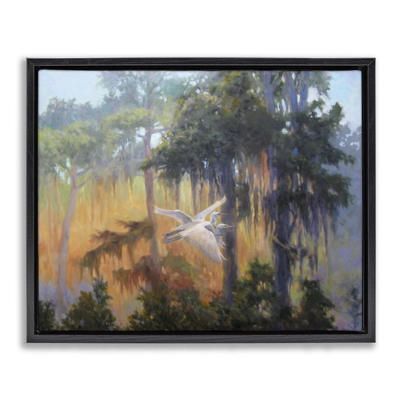 Stupell Industries Transitional Flying Egrets in Forest Black Floating Frame Canvas Art, 21 x 17, by Sandy Nelson
