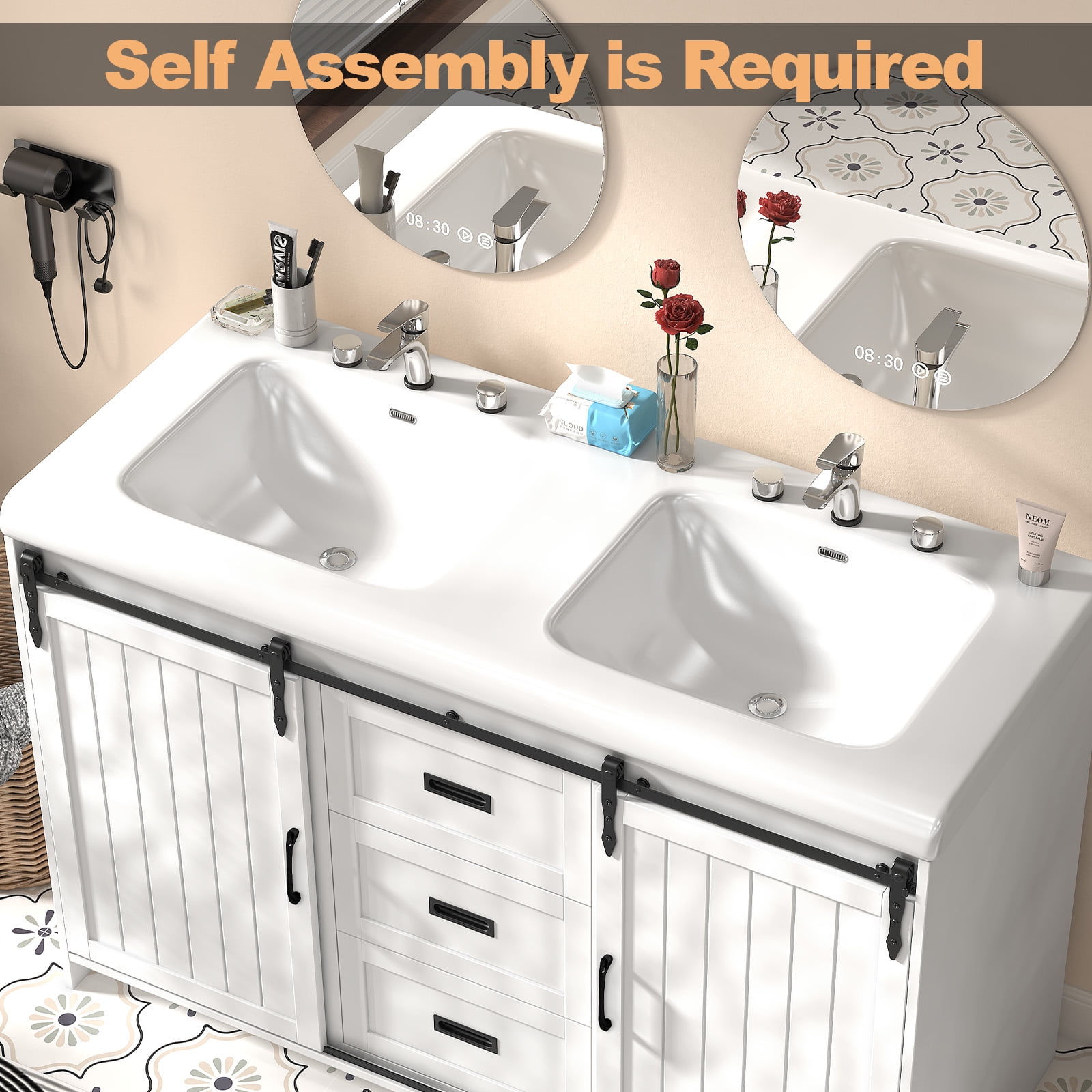 Caulitar Double Sink Bathroom Vanity, Bathroom Storage Cabinet Ceramic Basin Vanity Set, White